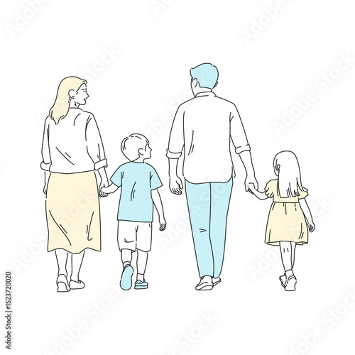 happy family consisting of a father, mother, son and daughter holding hands walking in the park enjoying time together