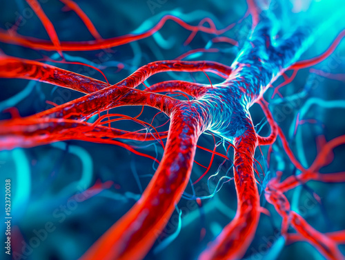 A detailed representation of the cardiovascular system showcases inflamed veins and arteries illuminated in vibrant red and blue hues, emphasizing the importance of vascular health in human anatomy