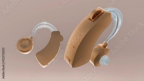 A 3d animation of pair of behind  the ear or BTE hearing aids, emphasizing the medical purpose of the device.