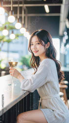 夜のBarでこちらを見つめる女性