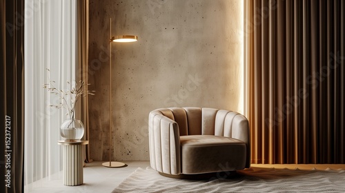 A cozy reading corner with a luxurious armchair in soft velvet, a minimalist floor lamp, and a small side table with a single elegant vase.