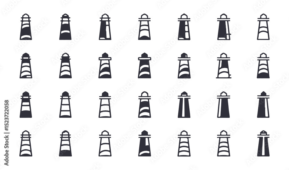 Fototapeta premium Lighthouse Icon Set – Minimal Vector Symbols of Navigation and Sea Safety 