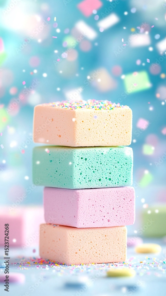 Stack of Pastel Marshmallows with Sprinkles on Light Blue Background Stack of Pastel Marshmallows with Sprinkles on Light Blue Background
