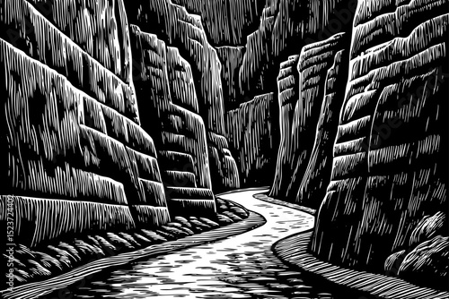 Black and white sketch vector of a narrow canyon trail winding between towering rock walls