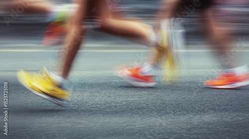 Close-up of the feet and legs of multiple runners in motion, running on an asphalt road, with a blurry background, low-angle shot, motion blur