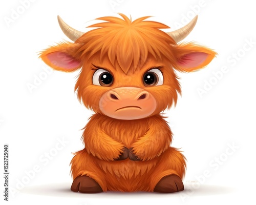 Cute angry highland cow calf isolated on white background