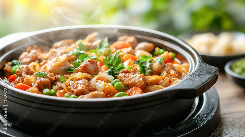Delicious steaming dish of mixed vegetables and meat served in a black pot. Delicious steaming dish of mixed vegetables and meat served in a black pot.