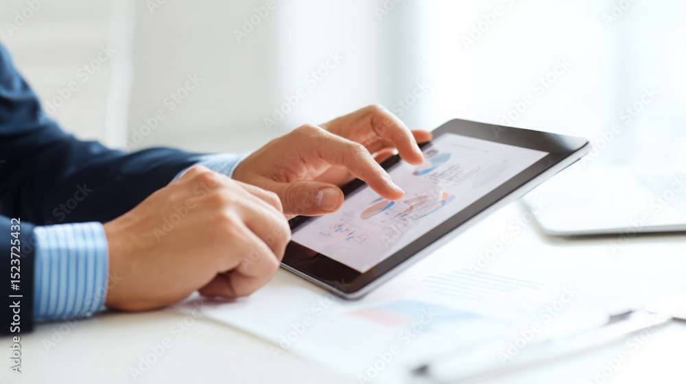 Fototapeta premium Close-up of a man hand interacting with a tablet device representing modern technology digital communication and online business tools.