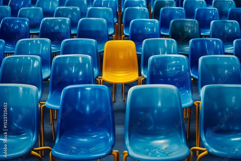Fototapeta premium Vibrant Yellow Chair Stands Out Among Blue Seats in a Sea of Monotony