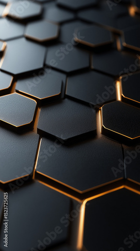 Schwarzer Hintergrund mit hexagonalen Formen und goldenen Lichtern 