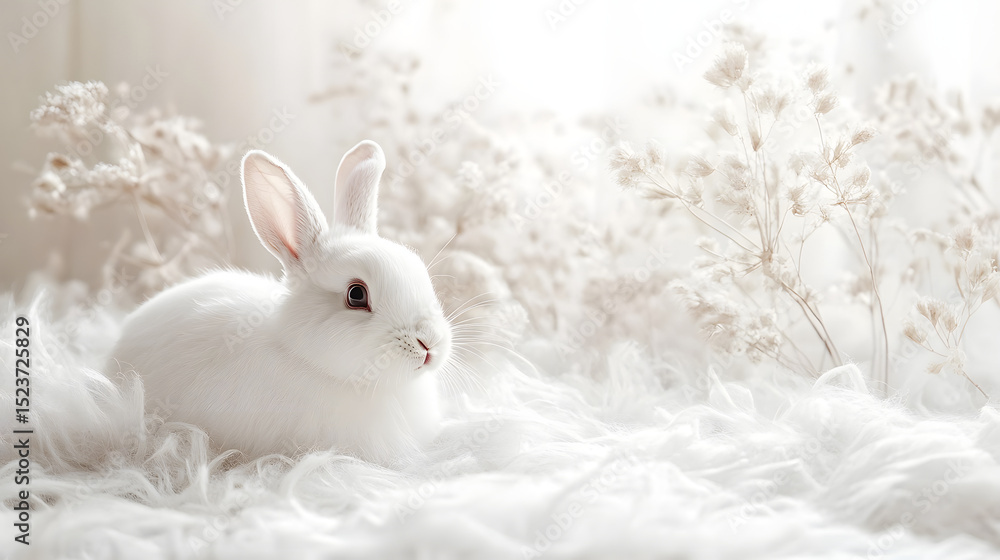 Obraz premium Adorable white rabbit close-up in a tranquil indoor setting on a soft white background