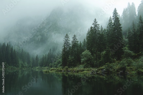Fototapeta Naklejka Na Ścianę i Meble -  A forest lake with a foggy, mountainous forest background, dark green trees, and clouds on a rainy day.