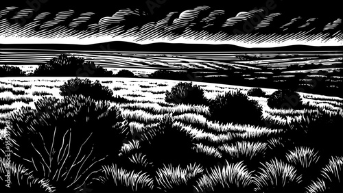 Black and white sketch vector of a wide open steppe under a cloudy sky with scattered bushes