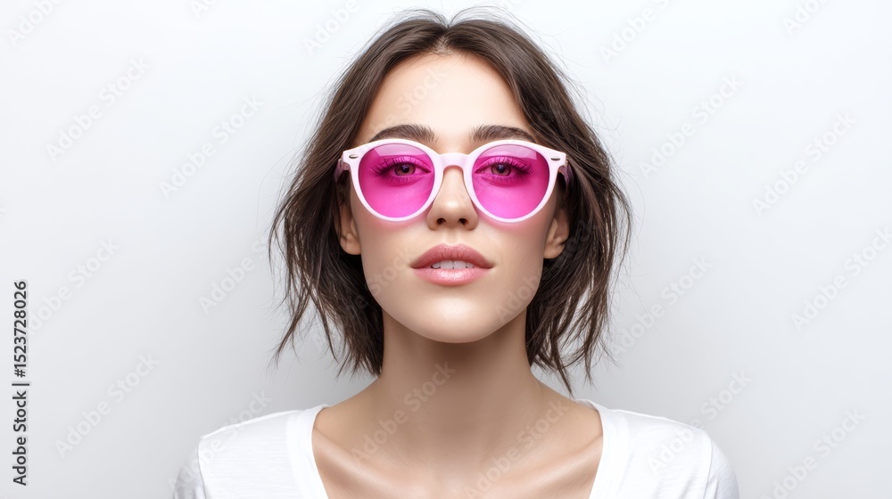 Young woman with stylish pink sunglasses, showcasing a confident expression against a minimalistic background, highlighting modern fashion trends and vibrant accessory choices for contemporary style e Young woman with stylish pink sunglasses, showcasing a confident expression against a minimalistic background, highlighting modern fashion trends and vibrant accessory choices for contemporary style e