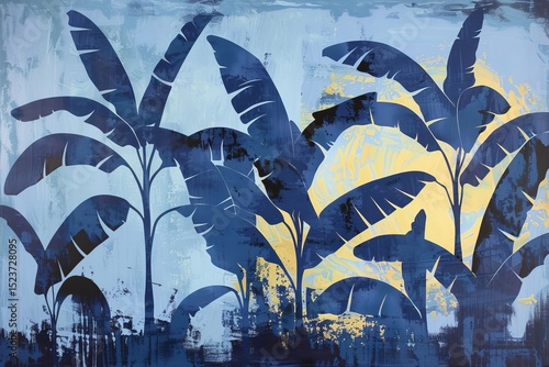Abstract Tropical Plant Silhouettes with Blue and Yellow Background