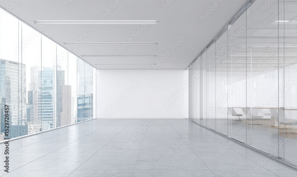 Obraz premium Modern office interior with white walls, wooden floor, panoramic windows and white mock up poster.