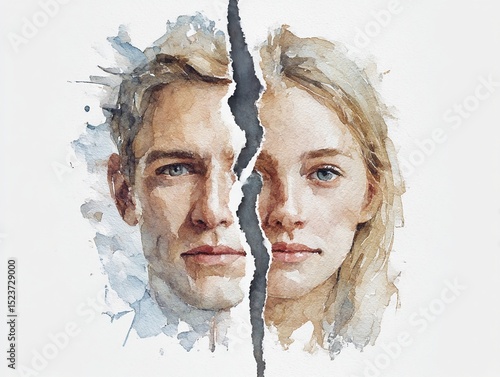 A watercolor illustration of a man and woman's faces, vertically torn apart. This poignant image symbolizes separation, relationship challenges, and the pain of a broken bond, highlighting emotional d