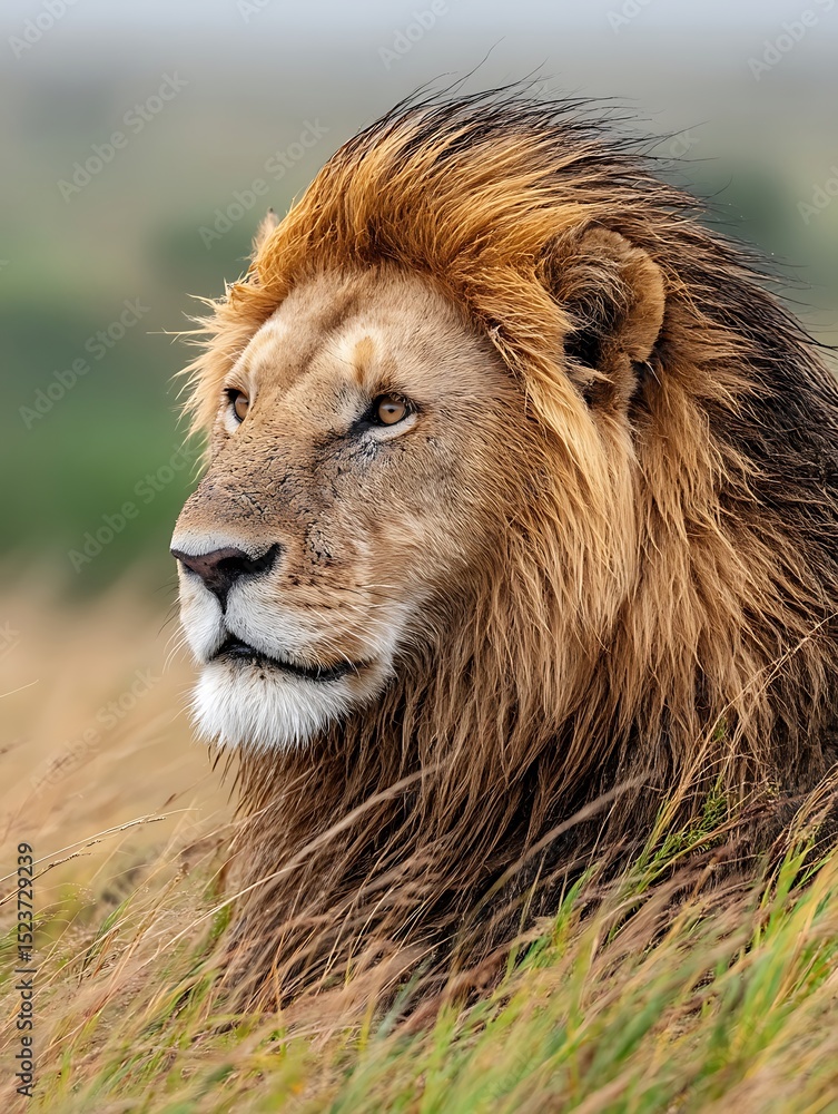 Fototapeta premium the close up shot showcases a large feline with a regal mane. the mane is a mix of light brown and dark brown, giving it depth and texture