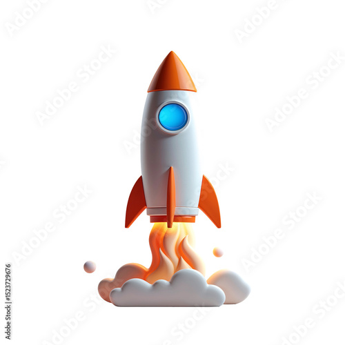 3D Rocket Ship Flying Upward with Bright Flames and Cartoon Clouds PNG