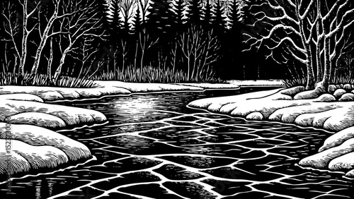 Black and white sketch vector of a frozen lake with ice cracks and snow-covered shores