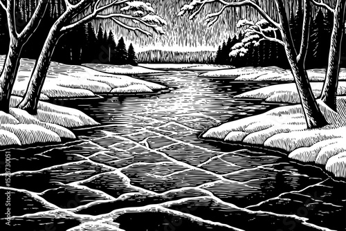 Black and white sketch vector of a frozen lake with ice cracks and snow-covered shores