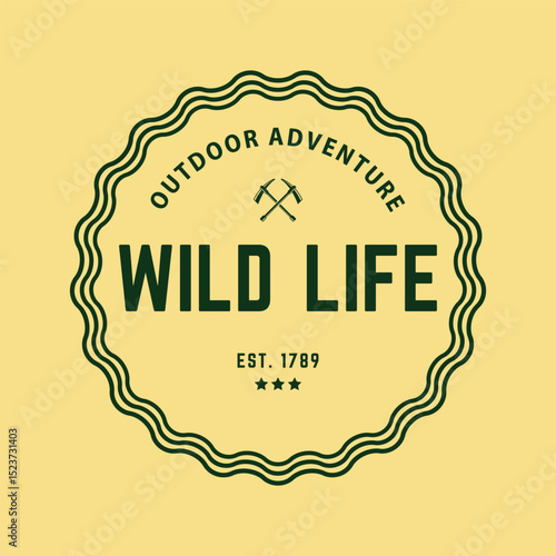 Vintage badge design for outdoor adventure and mountain camping season. Retro style with bold text and crossed axes, perfect for nature or hiking themes.