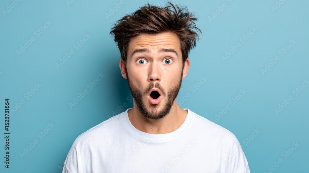 Young man with surprised expression, wearing white t-shirt, stands against a blue background, showcasing a moment of astonishment and excitement, capturing genuine emotions in a vibrant setting Young man with surprised expression, wearing white t-shirt, stands against a blue background, showcasing a moment of astonishment and excitement, capturing genuine emotions in a vibrant setting