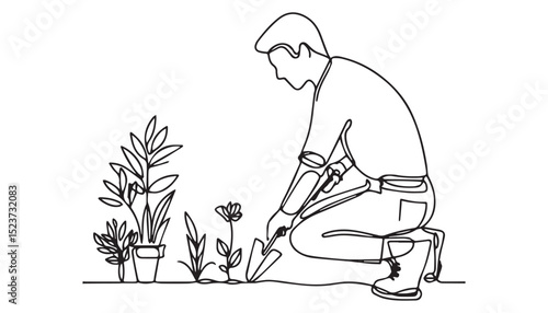 Continuous one single minimal line drawing man are working on her garden 