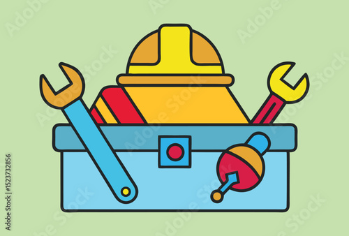 Colorful vector toolbox with helmet and tools, ideal for illustrating construction, repair, maintenance, engineering, and handyman services in safety, industry, or labor-related content.