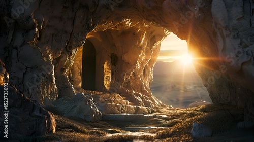 Wallpaper Mural An empty tomb carved into a rock face, with a large stone rolled away and the first light of dawn illuminating the entrance. Torontodigital.ca