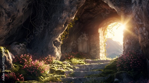 An empty tomb with the stone door rolled away, the interior softly lit by the dawn's early light.
