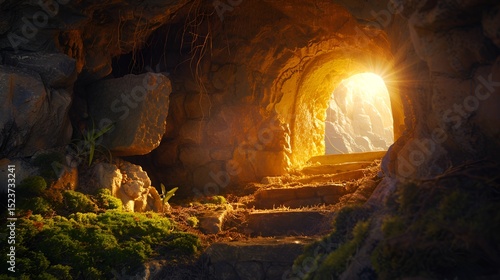 An empty tomb with the stone door rolled away, the interior softly lit by the dawn's early light.