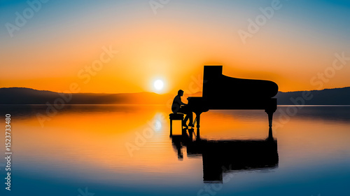 Fototapeta Naklejka Na Ścianę i Meble -  A person plays a grand piano on a calm lake at sunset, with vivid reflections and serene scenery.