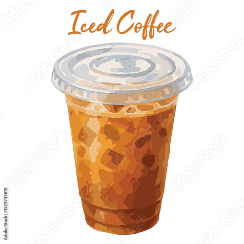 iced coffee in plastic cup in watercolor illustration style, isolated vector on white background