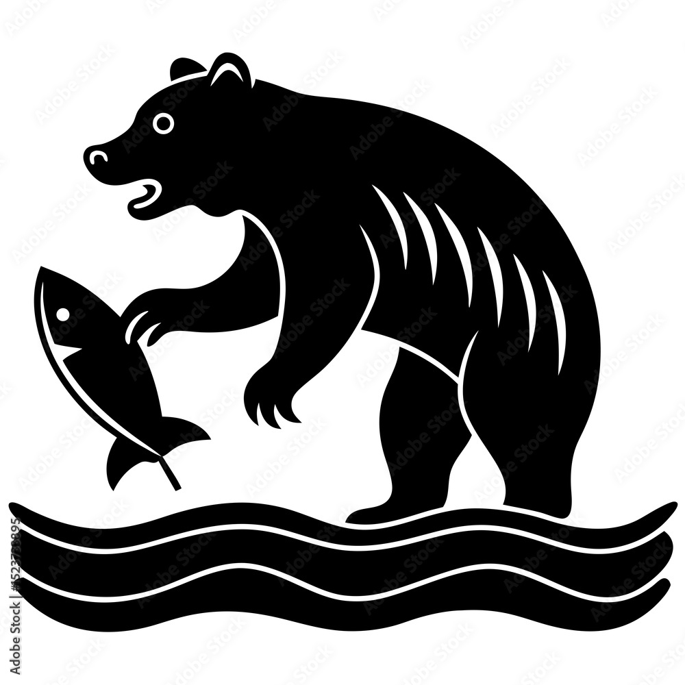 Obraz premium Bear catching fish in river silhouette vector illustration 