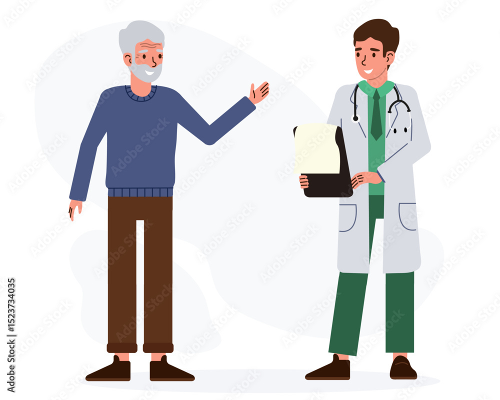 Obraz premium Doctor discusses health report with elderly man during a medical consultation in a clinic setting