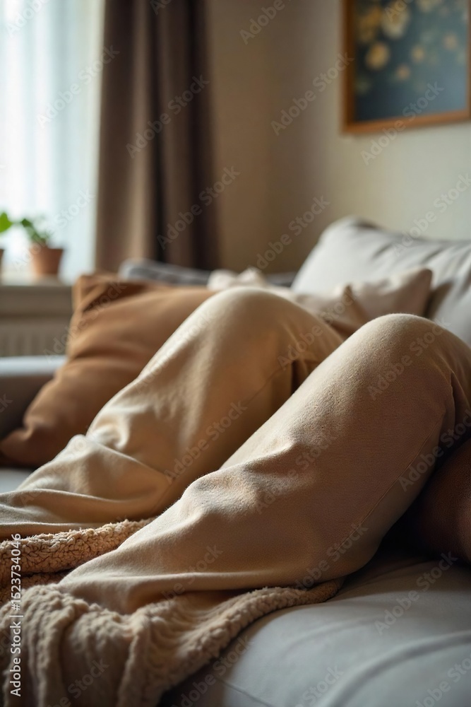 A comfortable pair of pants is worn indoors, relaxing on a cozy couch Perfect for representing home comfort, casual wear, and leisure time , home, pajamas, serene A comfortable pair of pants is worn indoors, relaxing on a cozy couch Perfect for representing home comfort, casual wear, and leisure time , home, pajamas, serene