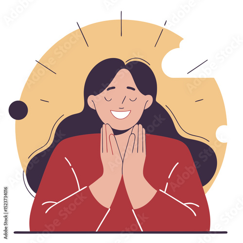 Happy Woman with Hands on Cheeks Expressing Joy and Contentment | Positive Emotions and Self-Reflection Moment
