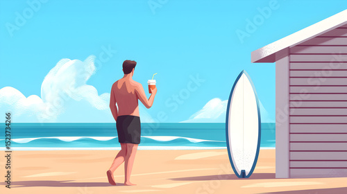 A man with a drink walks on a sunny beach toward a hut, with a surfboard propped nearby and the ocean in the background.