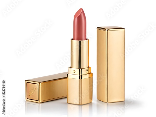 Elegant pink lipstick in golden tube with modern beauty concept 