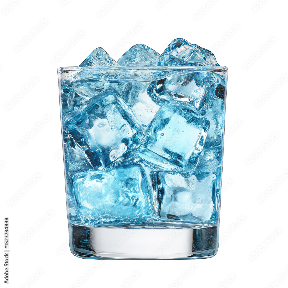 A glass tumbler filled with ice cubes, light blue liquid A glass tumbler filled with ice cubes, light blue liquid
