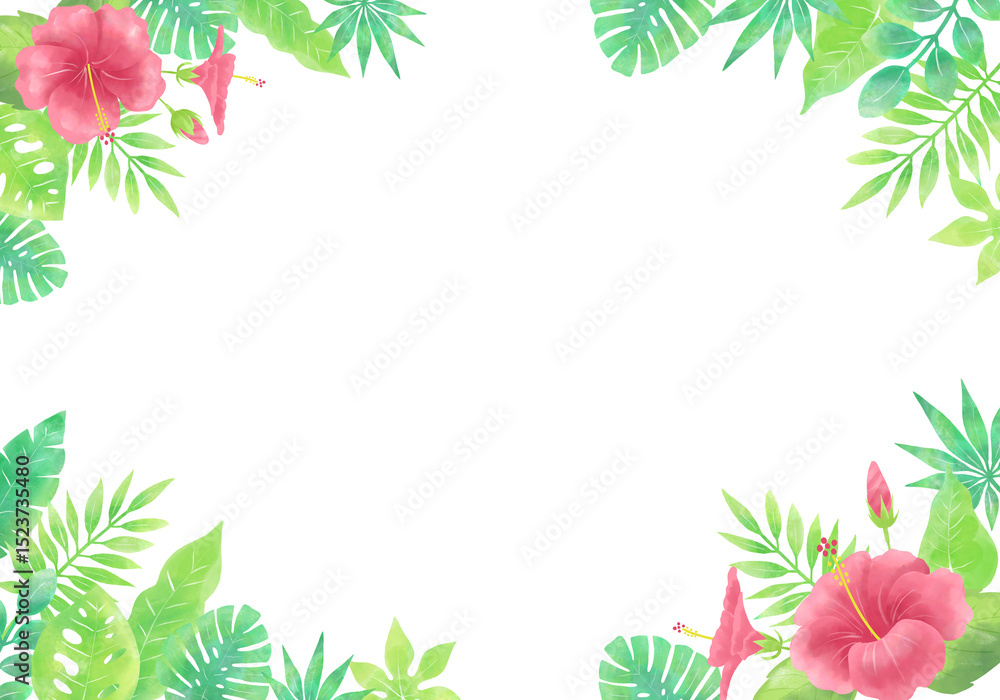 Naklejka premium Watercolor Hibiscus Frame – Horizontal Floral Border