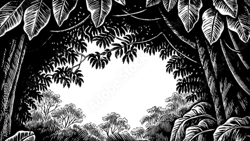 Black and white sketch vector of a tropical rainforest canopy viewed from below with large leaves