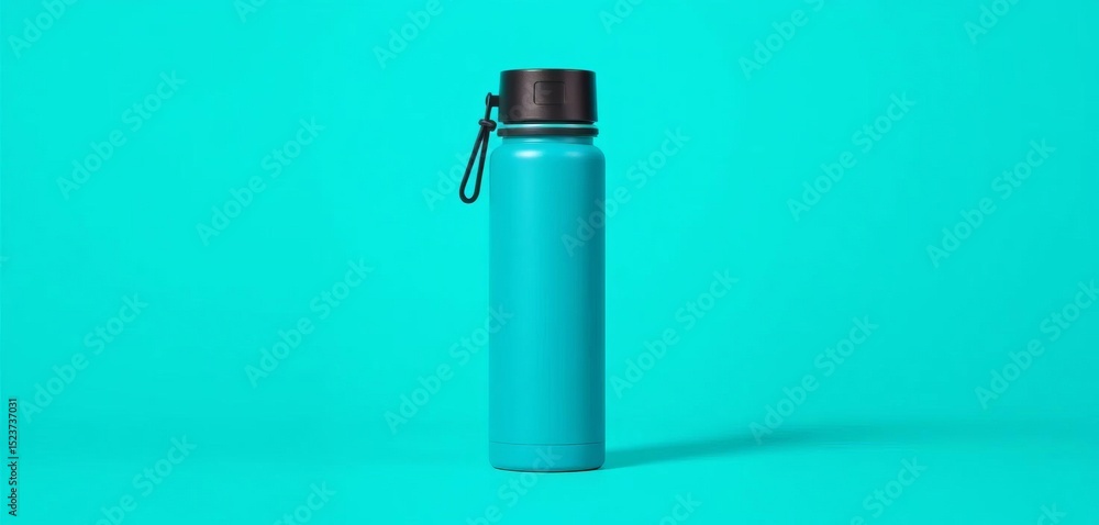 Sleek insulated water bottle against vibrant teal backdrop, eco-friendly, shape Sleek insulated water bottle against vibrant teal backdrop, eco-friendly, shape