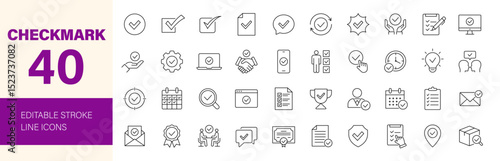 Checkmark icon set. Containing check, accept, agree, selected, confirm, approve, correct, complete, checklist, verified and more. Editable line icons. Vector illustration.