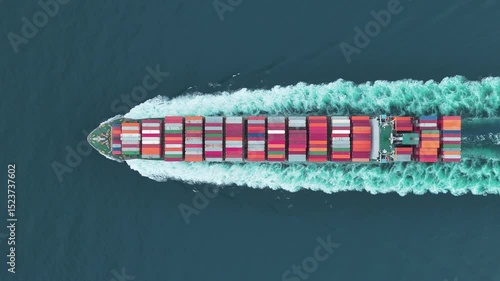 Aerial top of cargo ship contrail in the ocean sea ship carrying container and running for export from container international port freight shipping by ship service, webinar banner forwarder