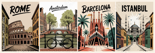 Set of retro travel posters featuring Rome, Amsterdam, Barcelona, and Istanbul in minimalist colored sketch style. Perfect for vintage, travel, and city-themed vector designs