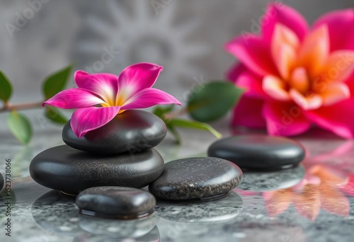 Smooth spa stones, vibrant flower, soft light backdrop,   product photography,   light background