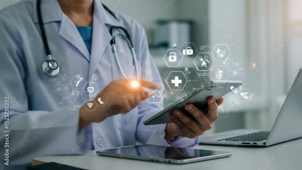 Digital Healthcare: Doctor Using Tablet with Medical Icons Digital Healthcare: Doctor Using Tablet with Medical Icons