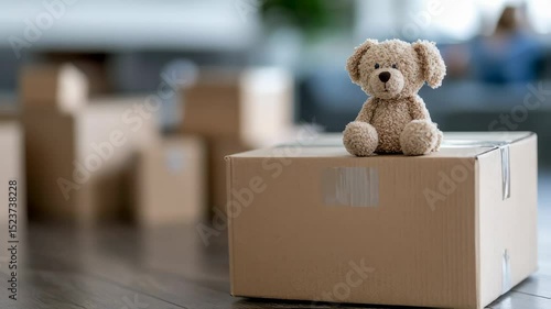 Plush toy bear sits on a cardboard box in a cozy room filled with stacked boxes, indicating a busy moving day when belongings are being packed and organized.